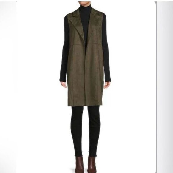 Joan Vass Soft Faux Suede Olive green long duster vest - Picture 1 of 9